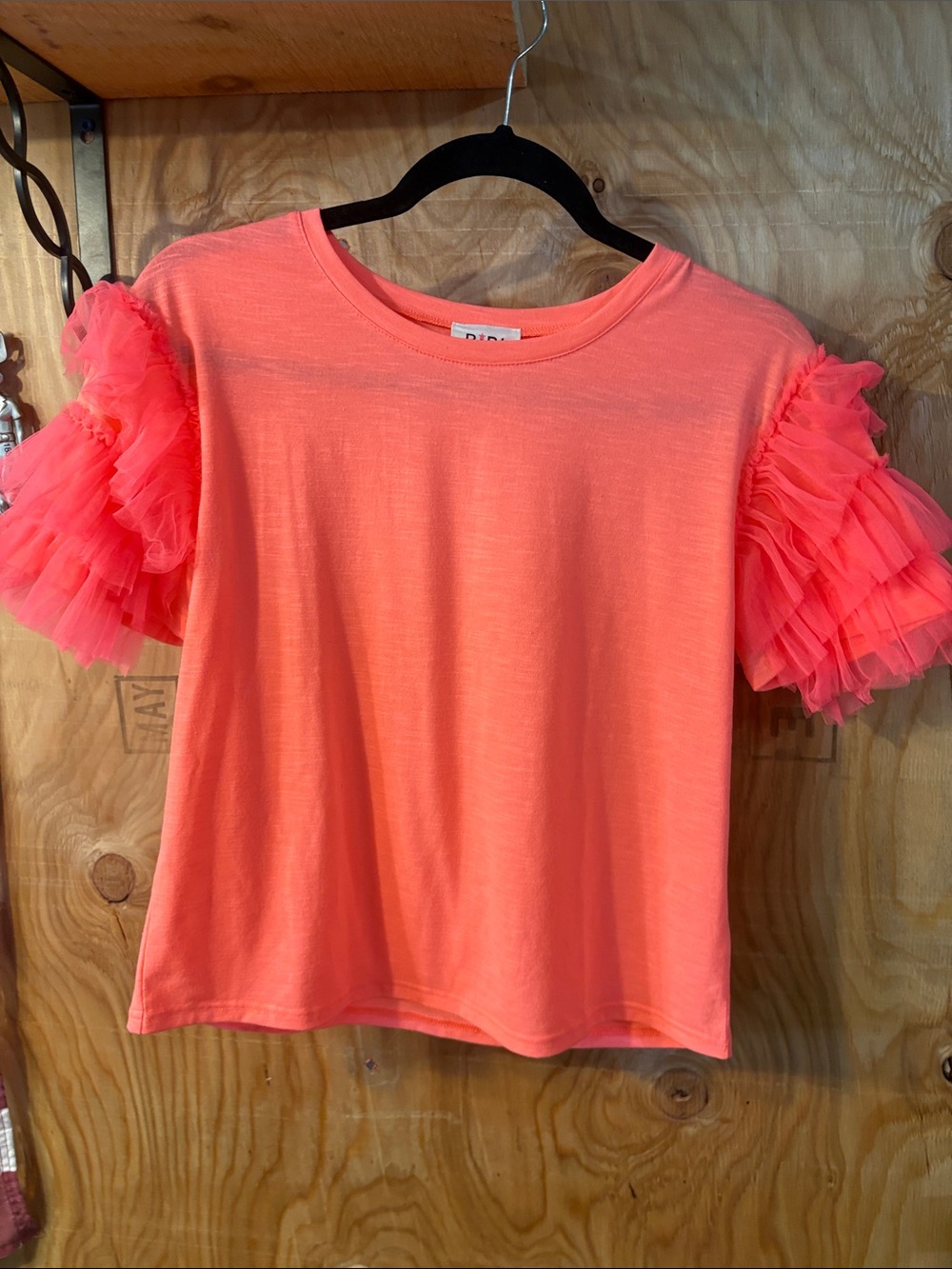 BiBi Neon Coral Ruffle Sleeve Tee NWOT